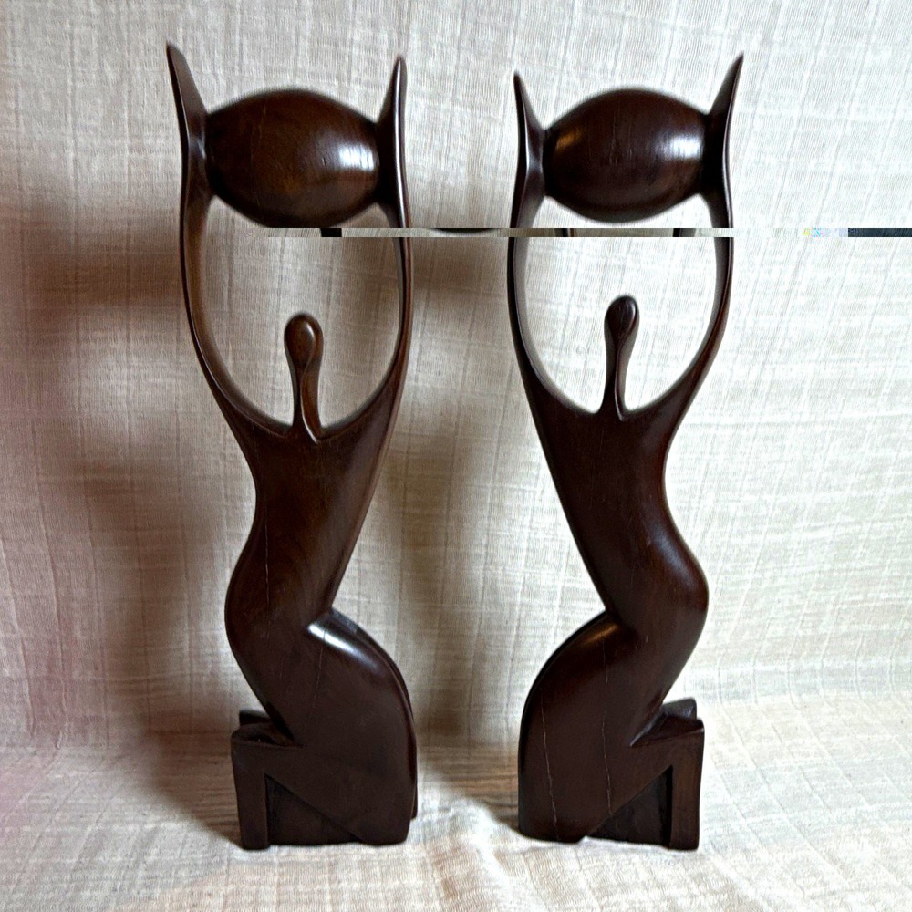 African Heritage Carved Brown Wood Abstract Human Figure Sculptures 12" Pair